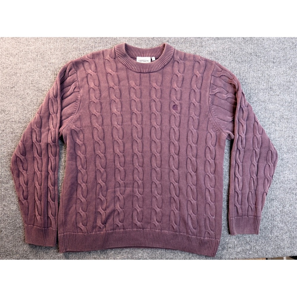 Carhartt WIP Mens Large Purple Cable Knit Sweater Embroidered Logo Pullover Crew